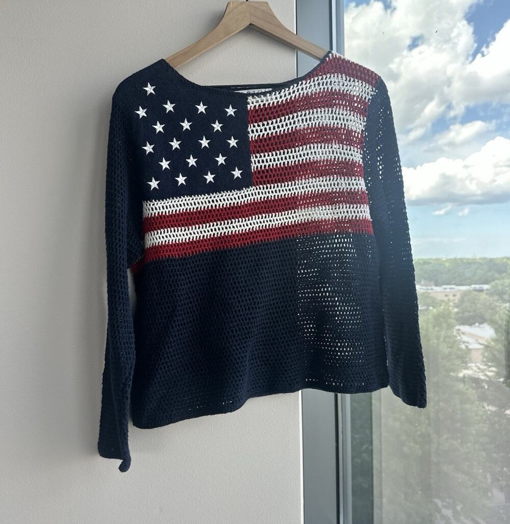 Norton Studio Cotton Open-Knit Stars & Stripes Boat Neck Pullover Sweater